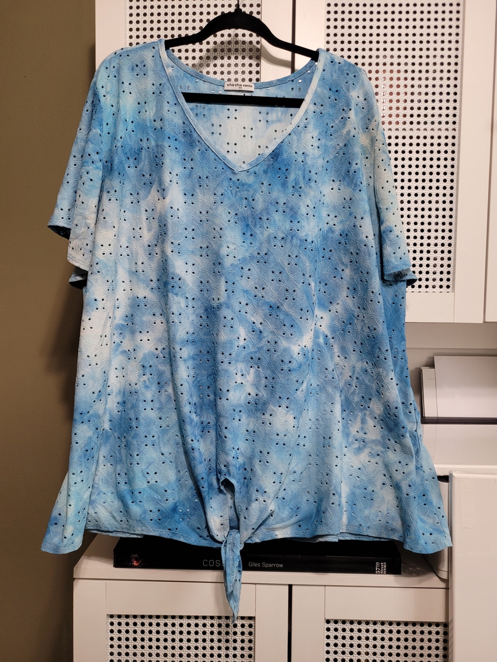 cha cha vente Light Blue Tie-Front Eyelet V-Neck Short Sleeve Top